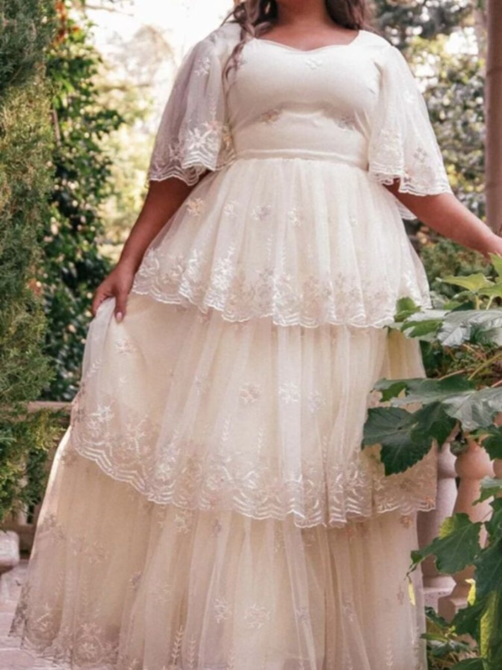 JessaKae Ivory Snowflake Dress 1X Tulle Maxi Sweetheart Neckline Tiered Skirt